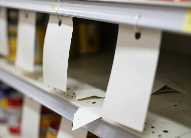 Close-up of messy, torn traditional paper price tags on a supermarket shelf