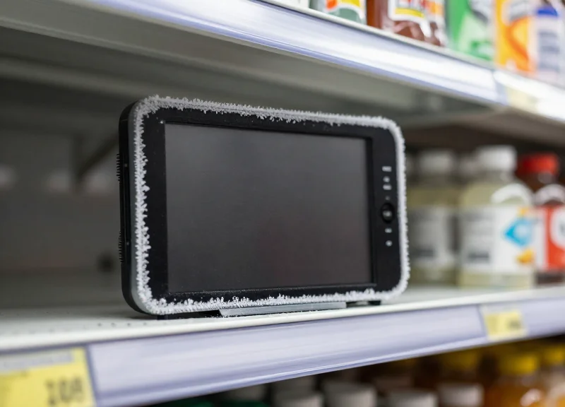Electronic shelf labels on a freezer shelf showing performance in cold and humid retail environments.