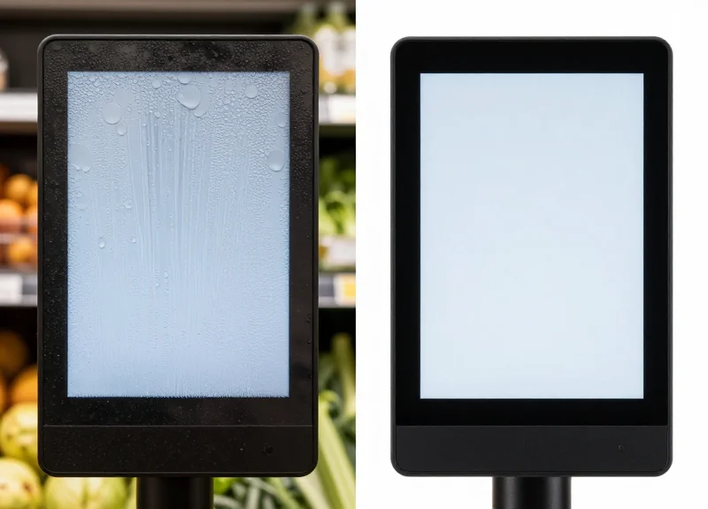 Comparison between a standard shelf label with fogged screen and an anti-fogging electronic shelf label.