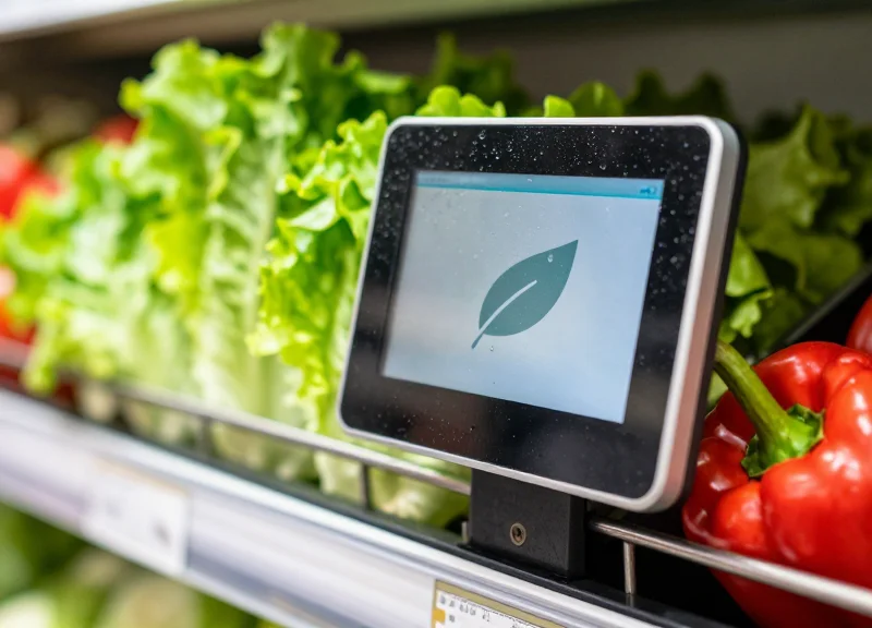 A close-up shot of a modern digital shelf label with water droplets on its surface, mounted in a grocery store produce section among fresh vegetables.