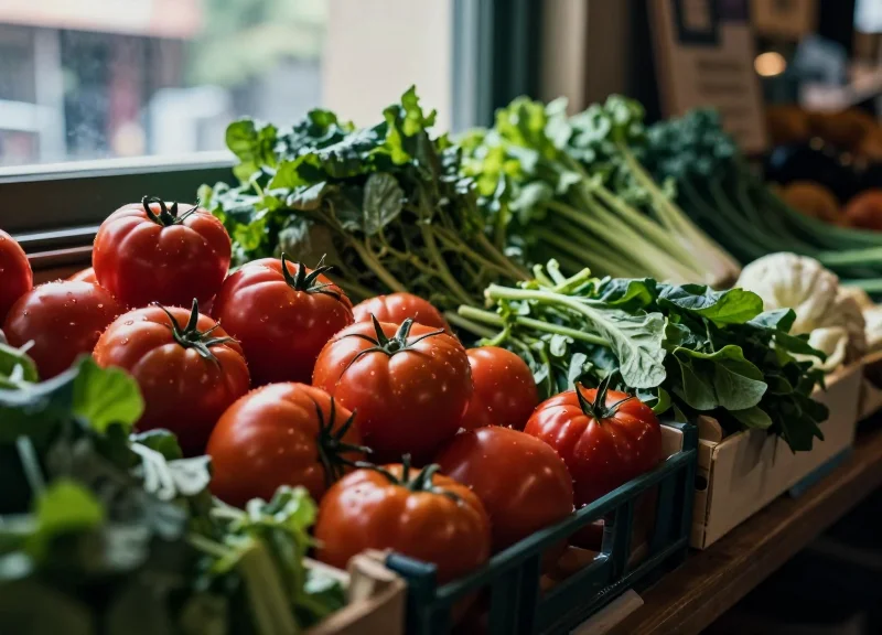 Fresh organic vegetables and fruits in a local neighborhood market scene