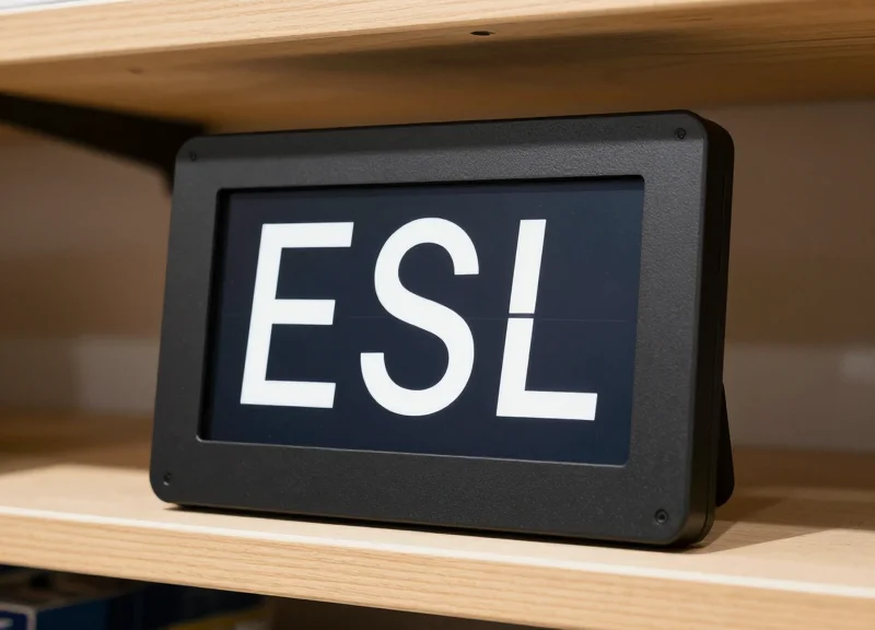 A modern electronic shelf label mounted on a wooden grocery shelf