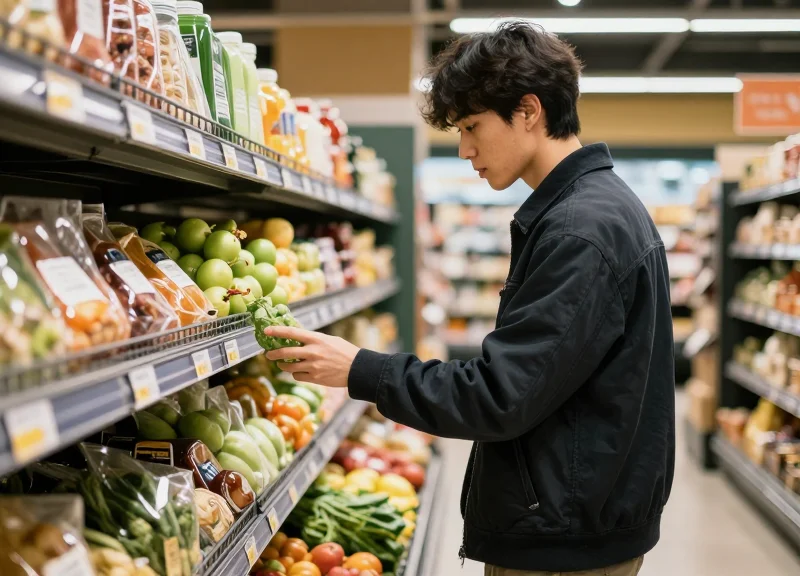 A shopper looking at digital price tags in a grocery store