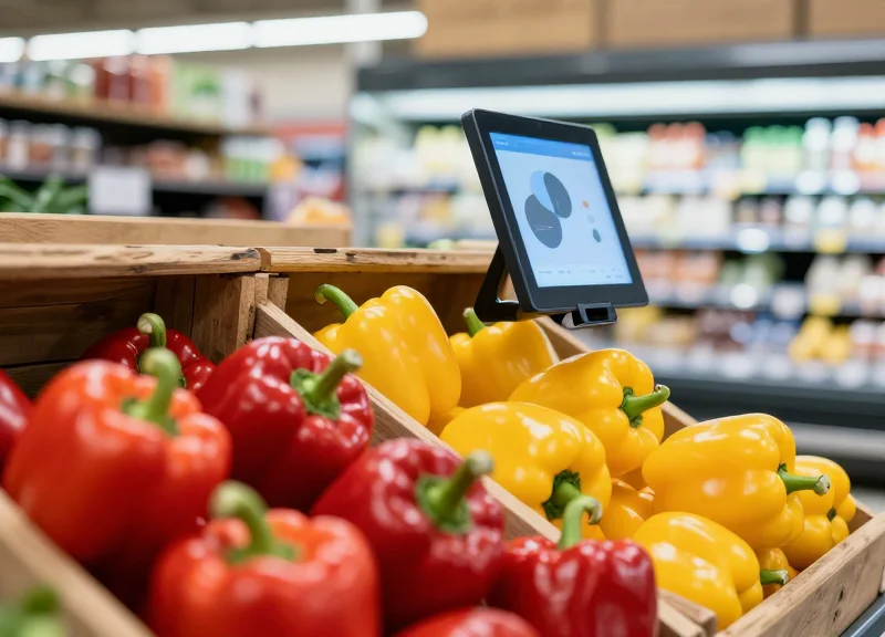Close-up of fresh organic bell peppers and leafy greens in a modern market featuring sleek electronic shelf labels on wooden display crates.