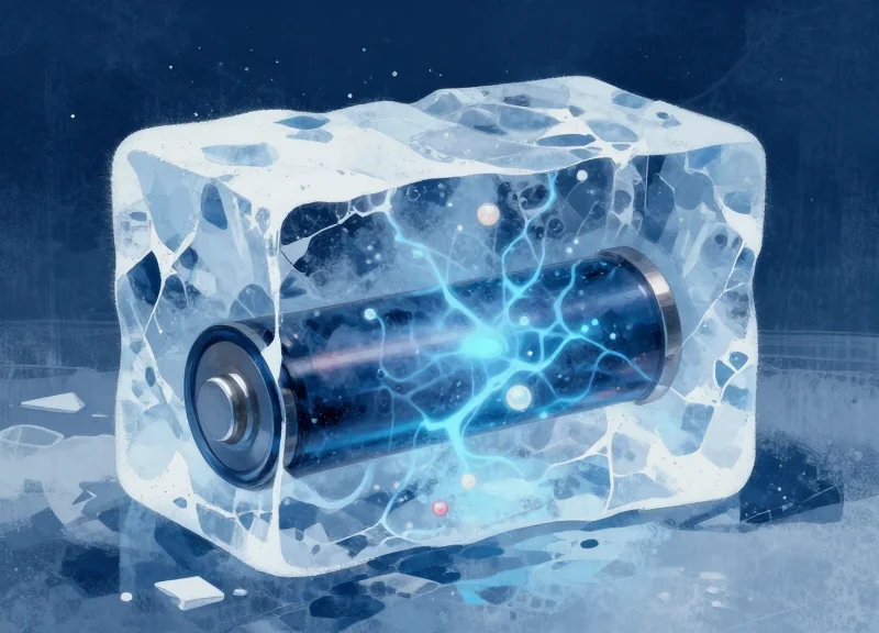 Abstract surrealist illustration of a battery cell crystallized in ice with slowing energy particles.