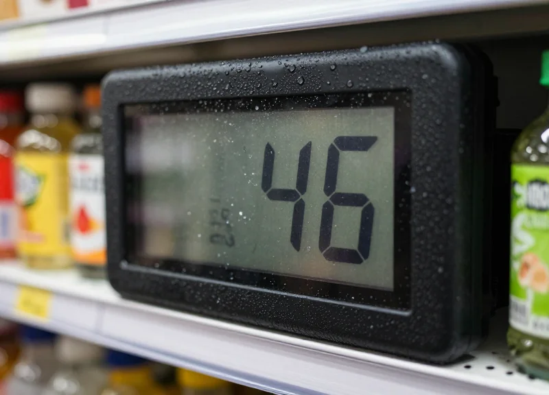 Close-up of a digital shelf tag with ice crystals and water droplets showing IP67 sealing.