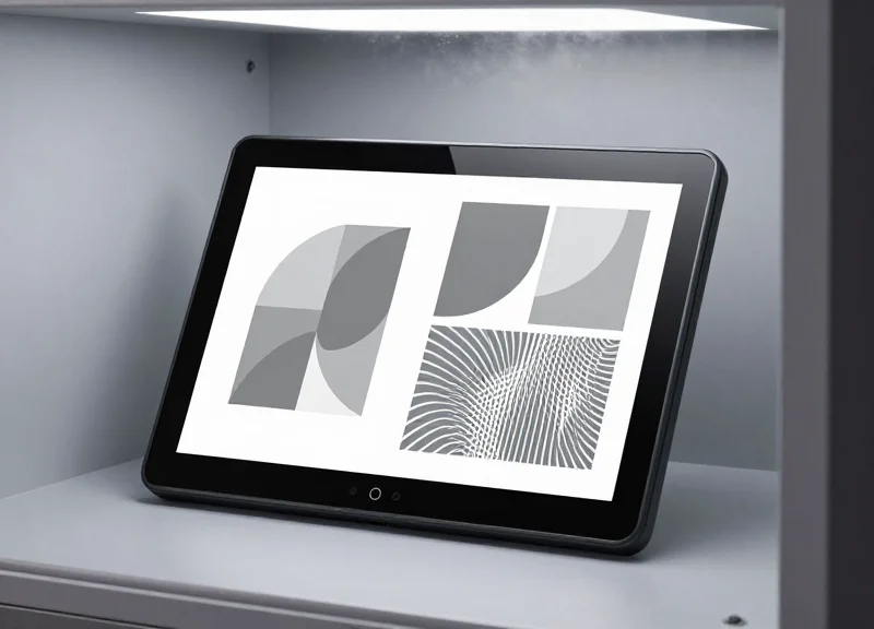 An E-ink screen with abstract patterns in a cold, misty environment.