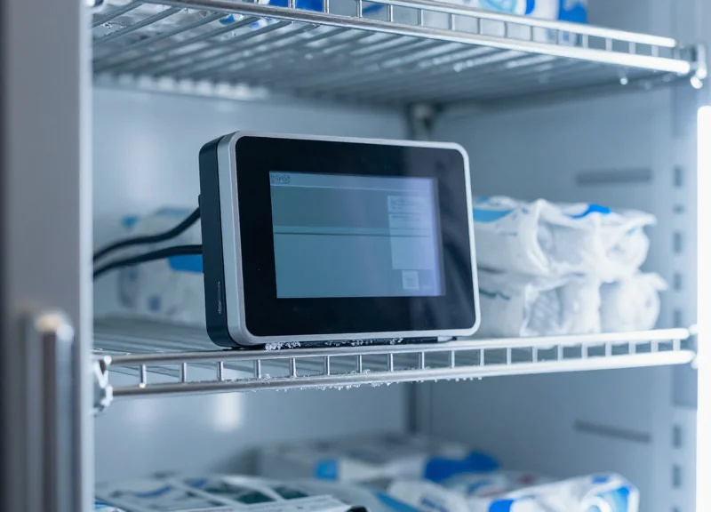 A close-up of a modern electronic shelf label mounted on a frosty metal shelf inside a commercial freezer with cold mist and subtle ice crystals.