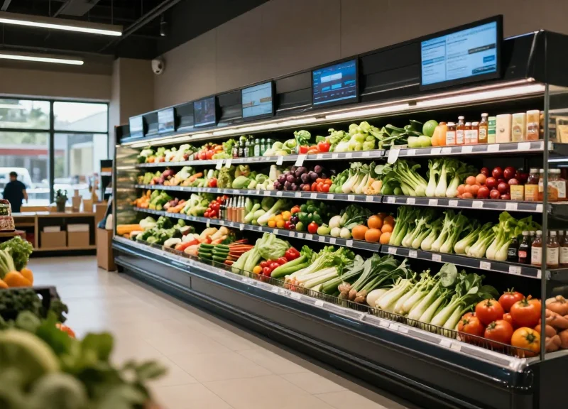 A modern 2026 community grocery store with futuristic digital displays and fresh produce