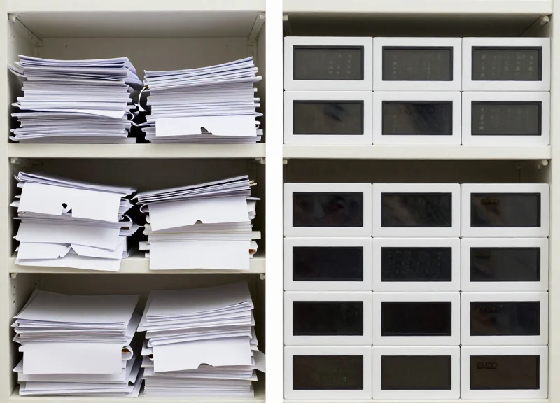 Comparison between traditional messy paper labels and clean modern ESLs