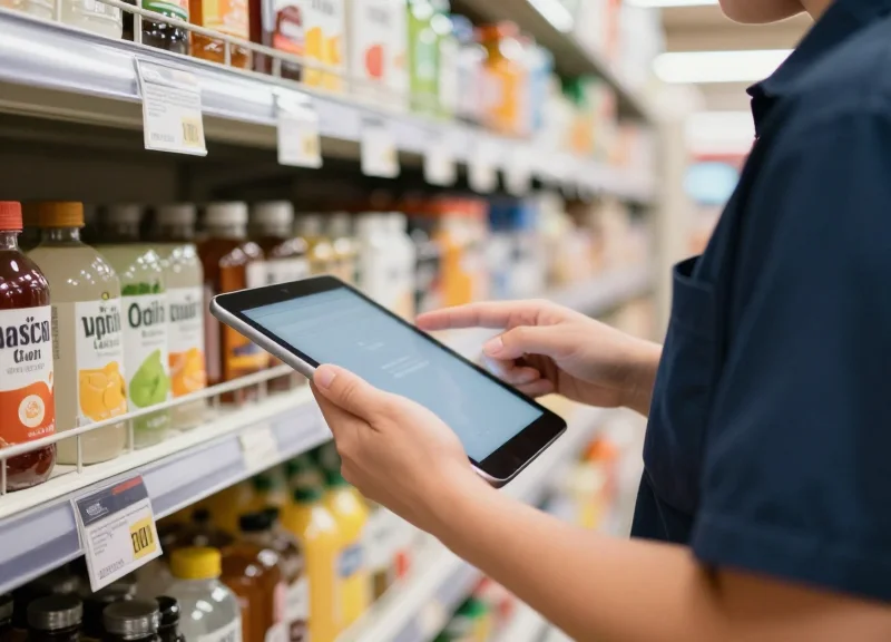 A grocery store employee using a mobile device to manage digital labels