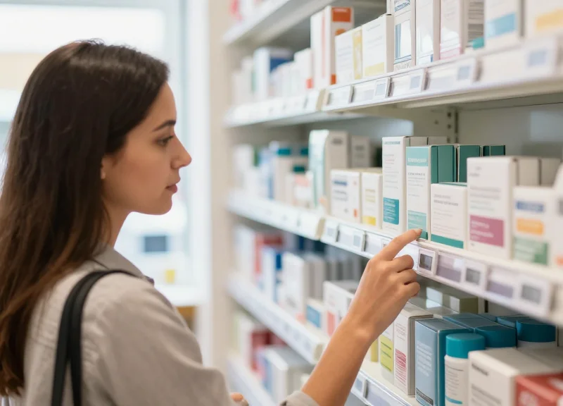 Customer looking at a digital price tag in a clean modern pharmacy setting.