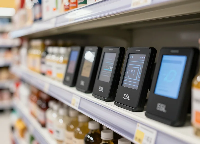 Close-up of small electronic shelf labels attached to modern retail shelving in a boutique store environment.