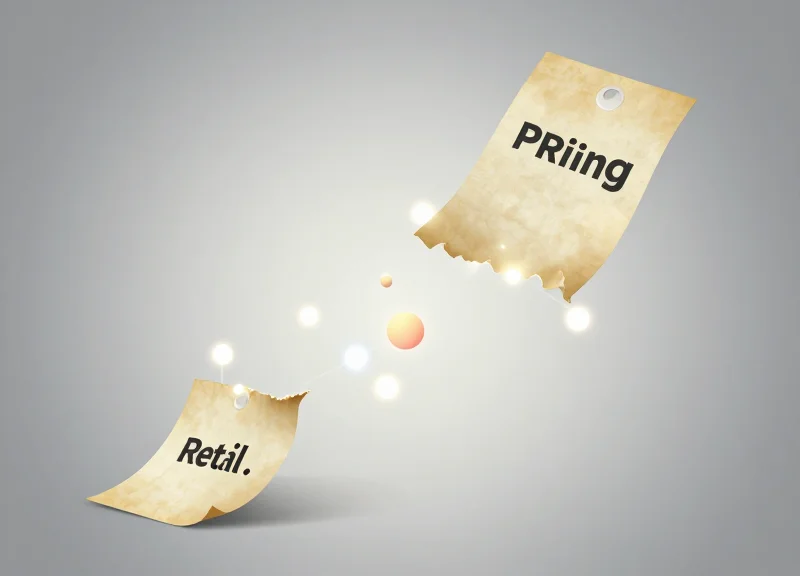 Artistic transition from traditional paper price tags to modern digital light particles, symbolizing retail evolution.