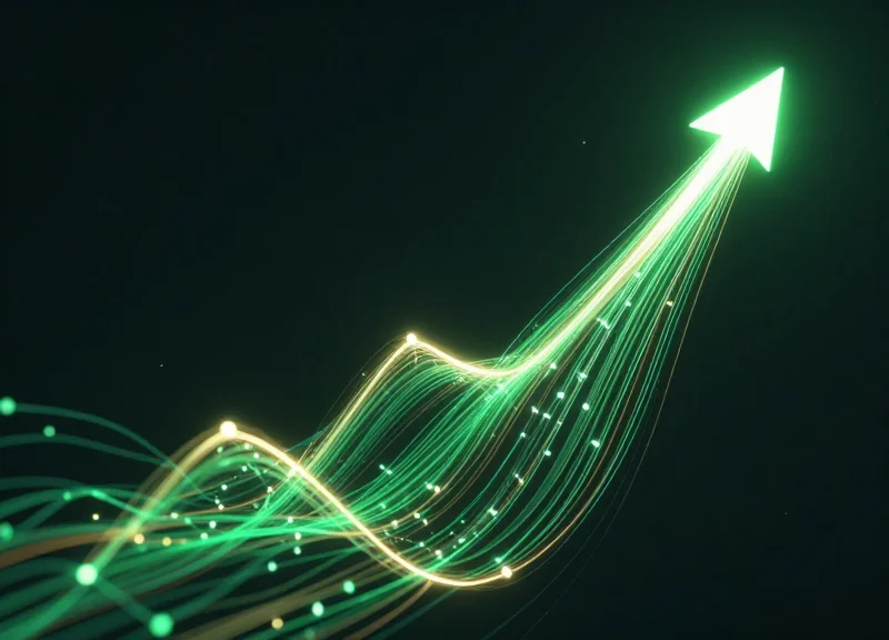 Abstract 3D data visualization showing sharp upward growth trends and digital connection nodes.