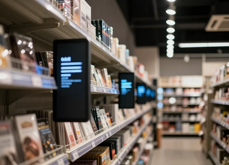 Interior of a high-end modern convenience store featuring electronic shelf labels under soft lighting.