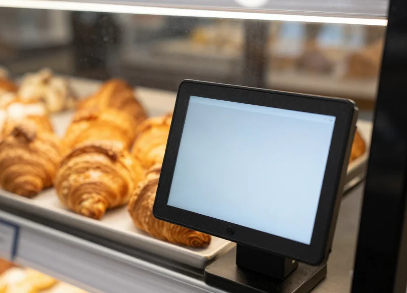 Close-up of fresh croissants in a bakery section with a sleek digital price tag.