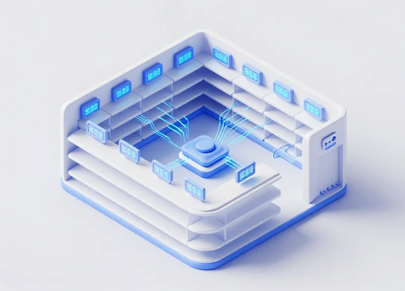 An isometric 3D miniature model of a modern convenience store with glowing electronic shelf labels on rows of shelves, connected by blue light paths to represent data integration.