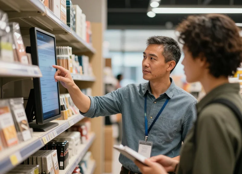 A store manager showing a newly installed electronic shelf label to a staff member in a clean store.