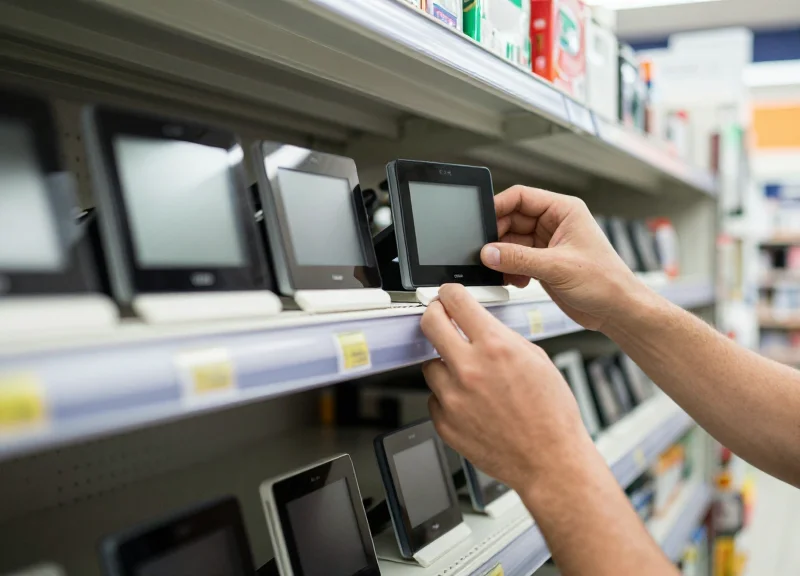 A professional technician installing electronic shelf labels on retail shelving units in a modern, well-lit convenience store aisle.