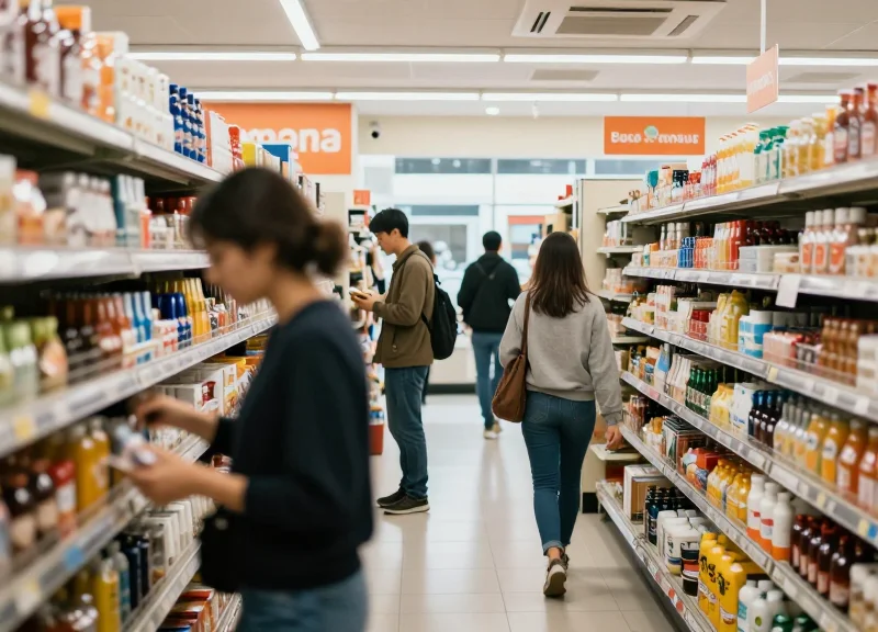 A high-traffic modern convenience store interior with busy shoppers and brightly lit aisles during peak hours.