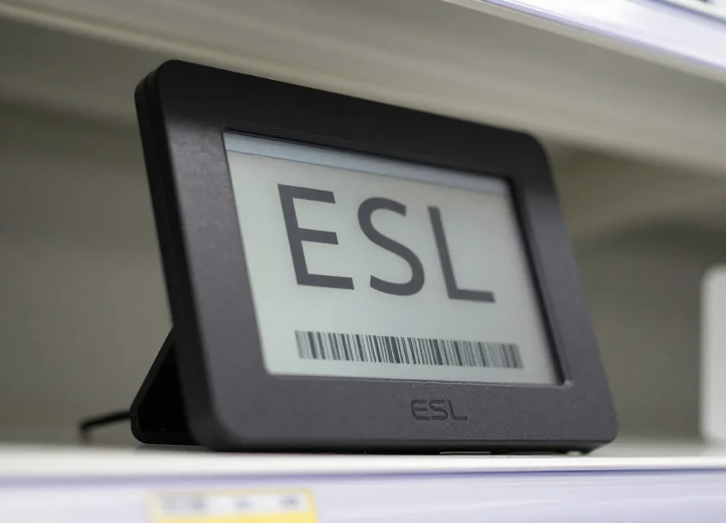 Close-up of a modern electronic shelf label with a sleek e-paper display mounted on a grocery shelf.
