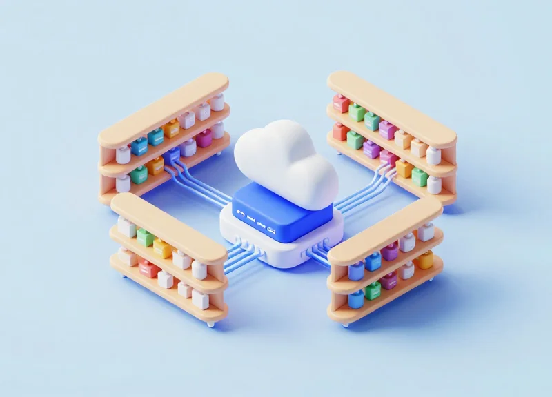 Isometric 3D view of a smart retail system connecting shelves, servers, and cloud databases with glowing data lines.