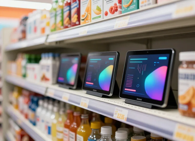 A close-up shot of modern electronic shelf labels in a high-tech convenience store, featuring sleek digital displays and a clean, organized retail environment.