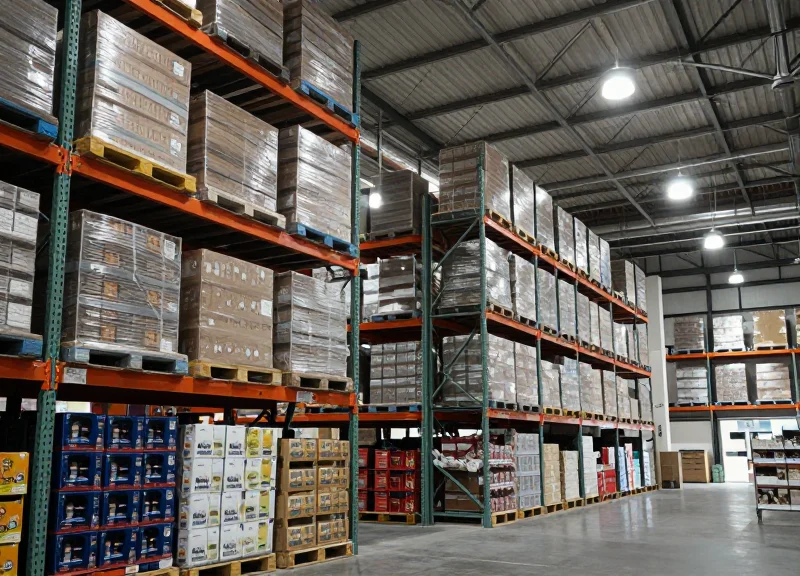 Wide shot of a modern warehouse club with high ceilings and industrial shelving