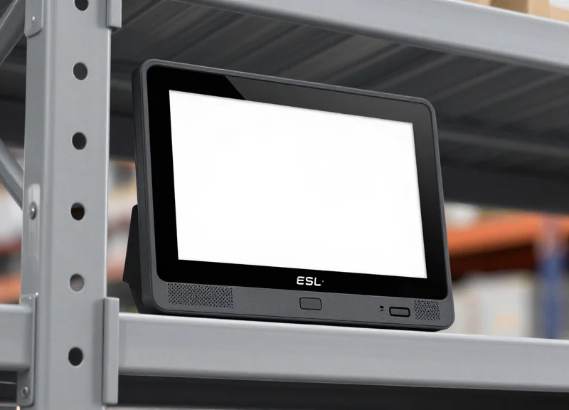 Close-up of a digital electronic shelf label mounted on an industrial warehouse rack