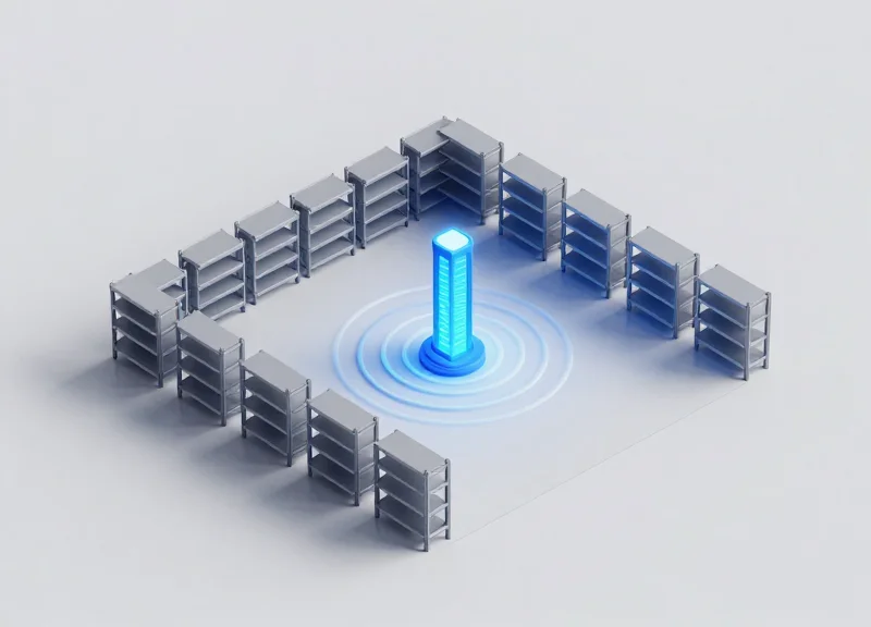 Isometric 3D model of warehouse shelves with a central base station showing signal coverage.