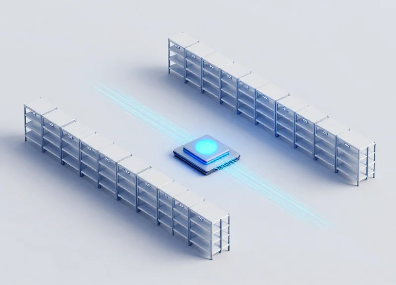 A modern 3D isometric scene of a warehouse with shelf labels connected by glowing blue wireless signal paths to a central hub.