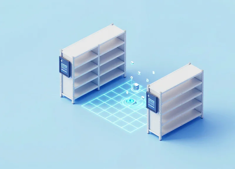 Isometric 3D illustration of a warehouse shelf system with digital electronic shelf labels connected by a wireless network grid.