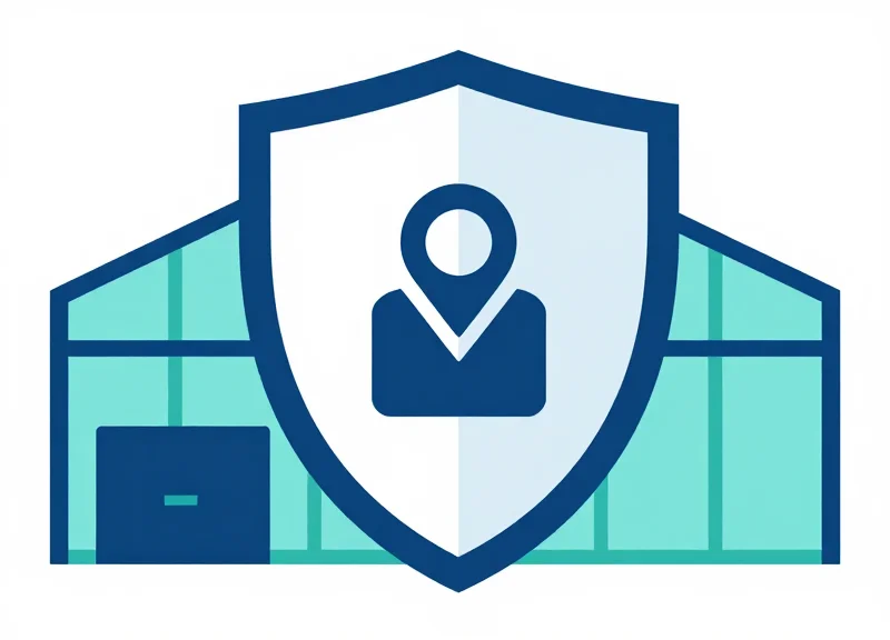 Flat vector illustration of a digital shield protecting a warehouse building, representing retail security and loss prevention.