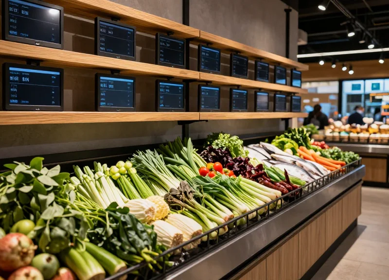 A modern and clean wet market interior showing fresh produce with digital price tags.