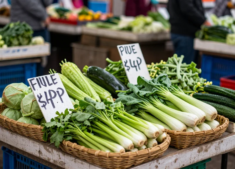 A traditional wet market stall with messy paper price tags on vegetables.