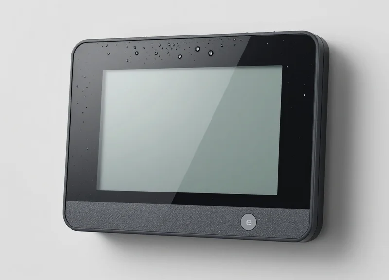 A waterproof electronic shelf label with water droplets on its surface.