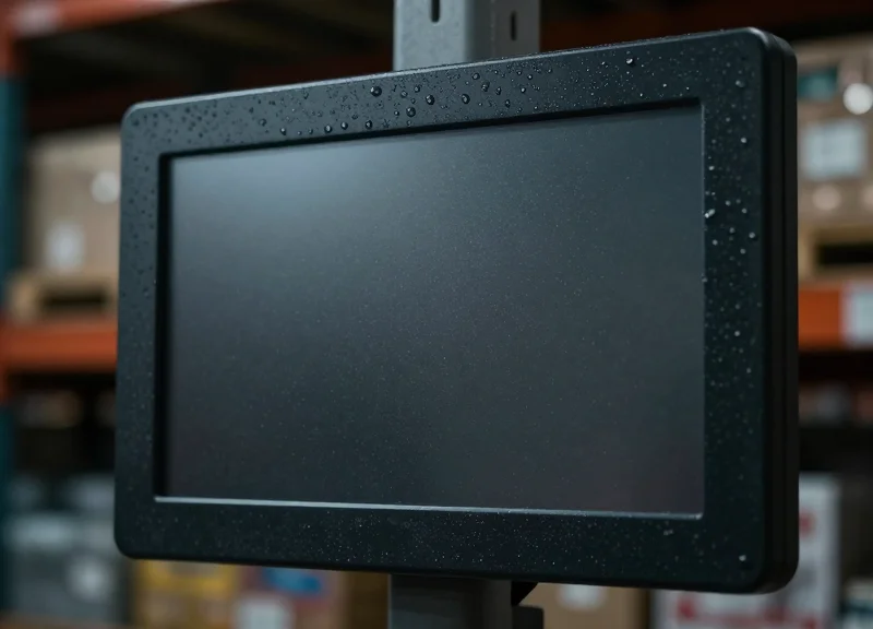 A standard electronic shelf label covered in dust and moisture in a harsh environment.