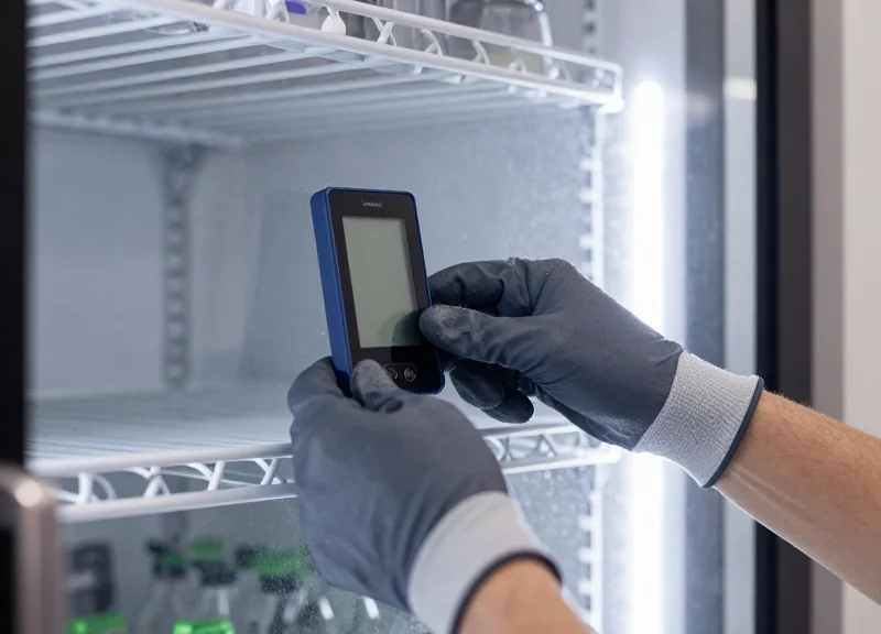 Hands installing an ESL device in a high-moisture refrigerated zone.