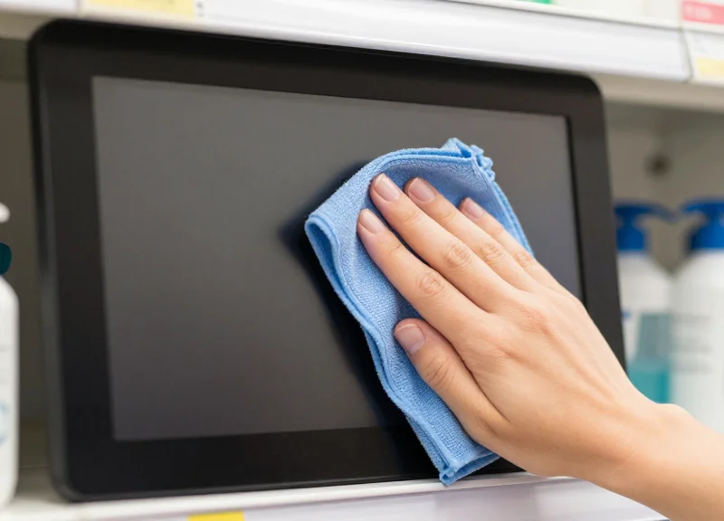 Wiping an electronic shelf label with a microfiber cloth.