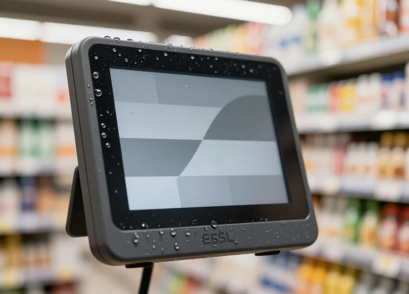 A close-up photograph of a modern electronic shelf label with water droplets beaded on its stain-resistant surface, showing waterproof durability in a retail setting.