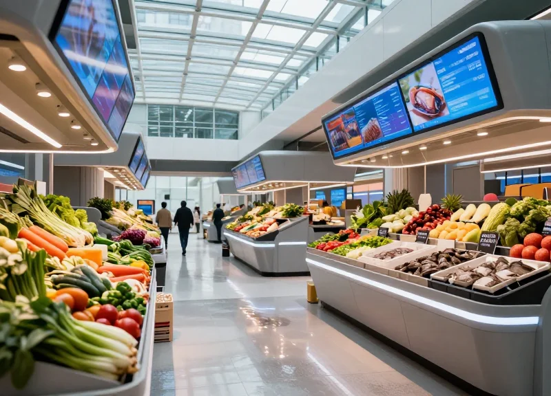 A modern and clean wet market of the future with digital displays and fresh produce