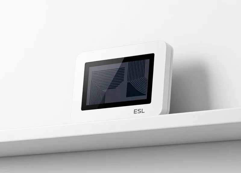 A sleek electronic shelf label device with a minimalist digital screen
