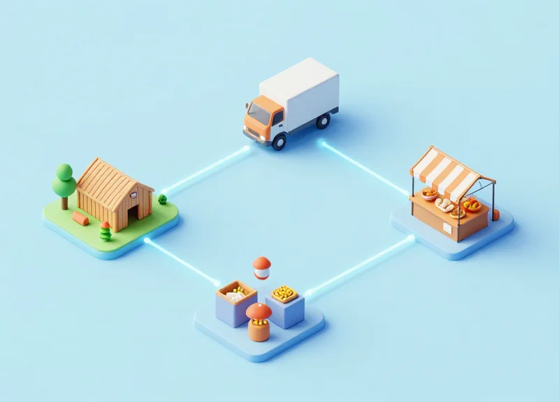 An isometric 3D model showing the food traceability journey from farm to market