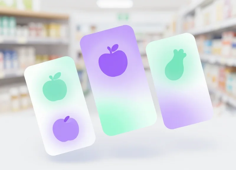 A modern market interface mockup with glassmorphism and colorful icons
