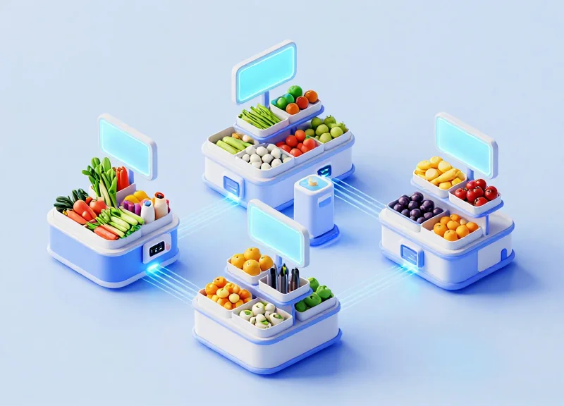 A modern isometric 3D illustration of a futuristic smart wet market featuring modular produce stalls, glowing electronic shelf labels, and abstract digital data connections symbolizing automated reporting.