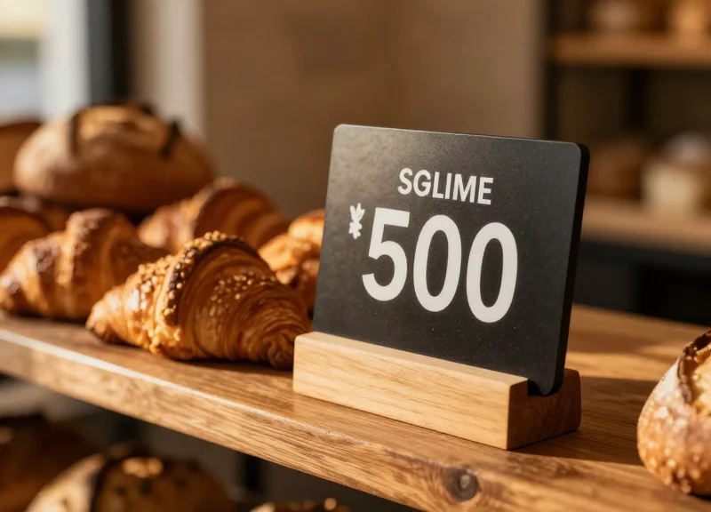 A modern artisanal bakery with rustic wooden shelves displaying fresh bread and sleek digital price tags.
