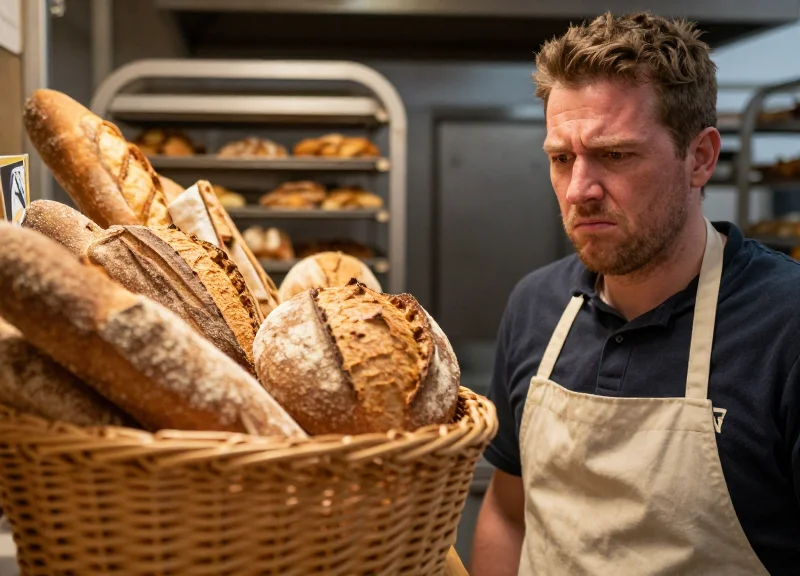 A frustrated bakery manager looking at a large basket of unsold bread at closing time, documentary style.