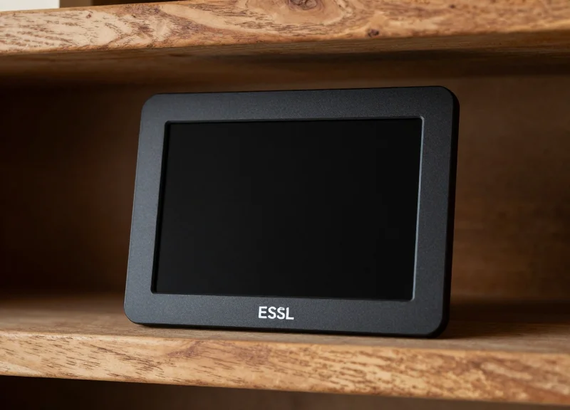 A close-up of a modern electronic shelf label mounted on a wooden bakery display shelf.