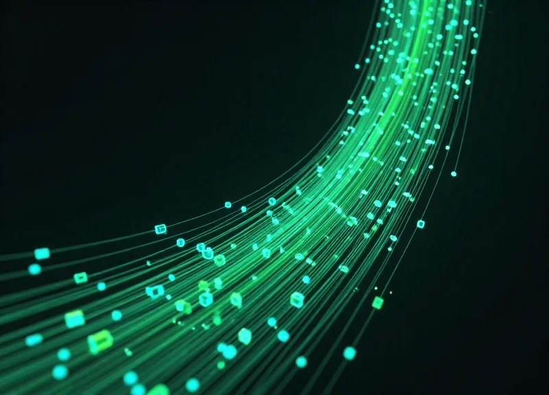 Abstract digital data visualization with upward-curving light trails and glowing nodes.